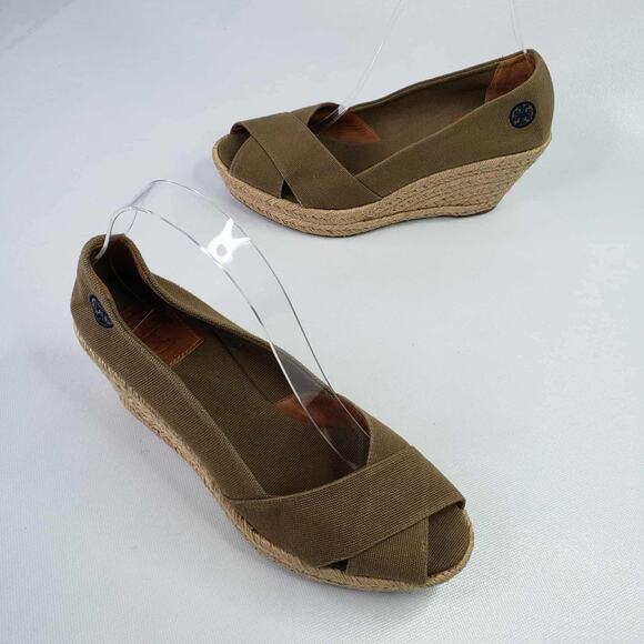 Tory Burch Wedge Size 9 B Olive Green Canvas Espadrille Fillipa Peep Toe - Picture 1 of 1